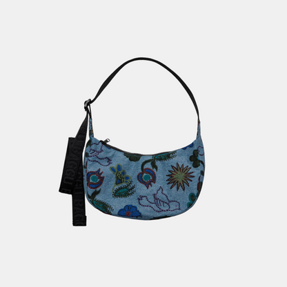 Digital Denim Birds Small Nylon Crescent Bag