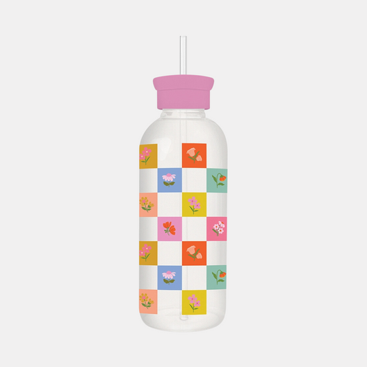 Checkerboard Blooms Glass Water Bottle