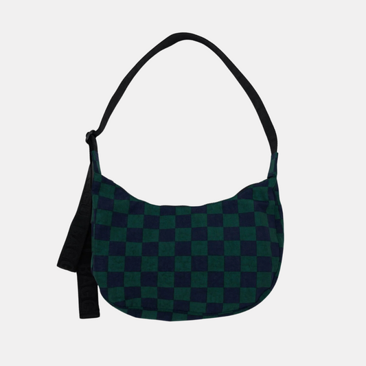 Navy Green Check Medium Nylon Crescent Bag