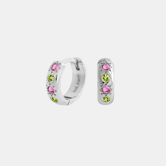 Silver Pink and Green Jewelled Petite Hoop Earrings