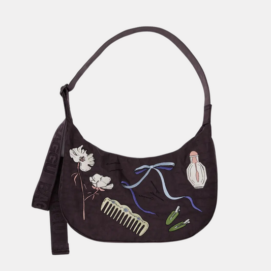 Embroidered Get Ready With Me Medium Nylon Crescent Bag