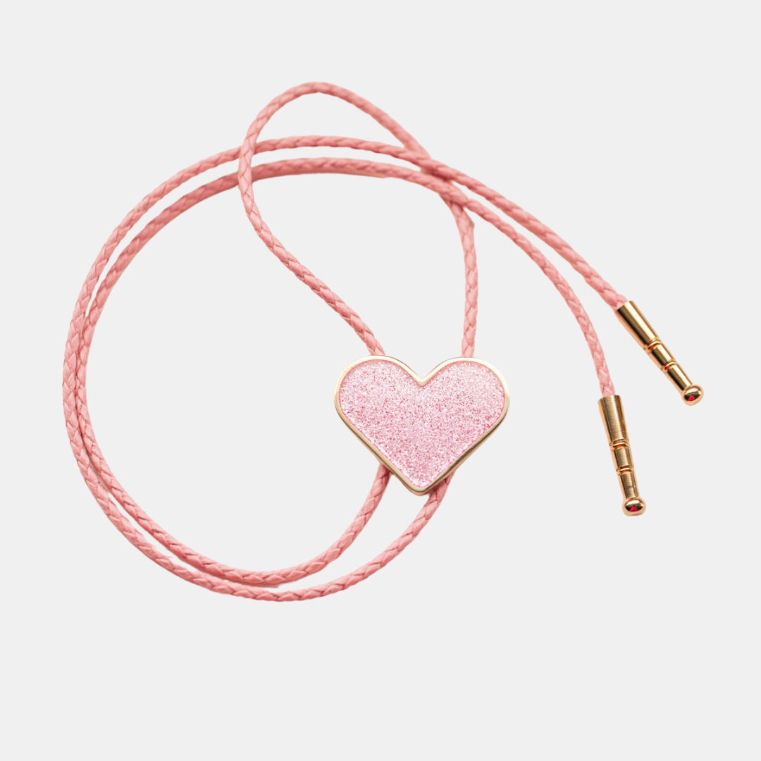 Pink Glitter Heart Bolo Tie