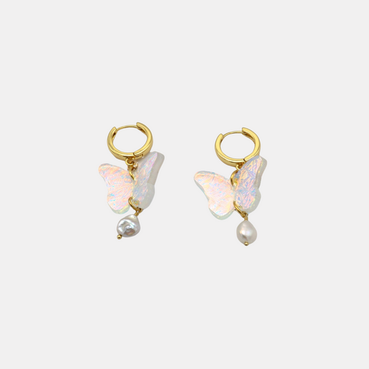 Iridescent Butterfly Pearl Drop Earrings